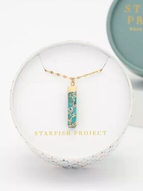 14K Gold Bar Necklace with Turquoise Stone Pendant